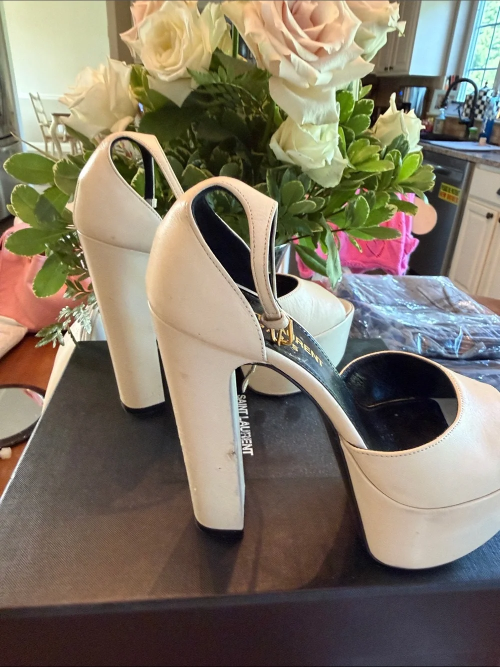 Saint Laurent Cream Platform Peep-Toe Slingback Heels